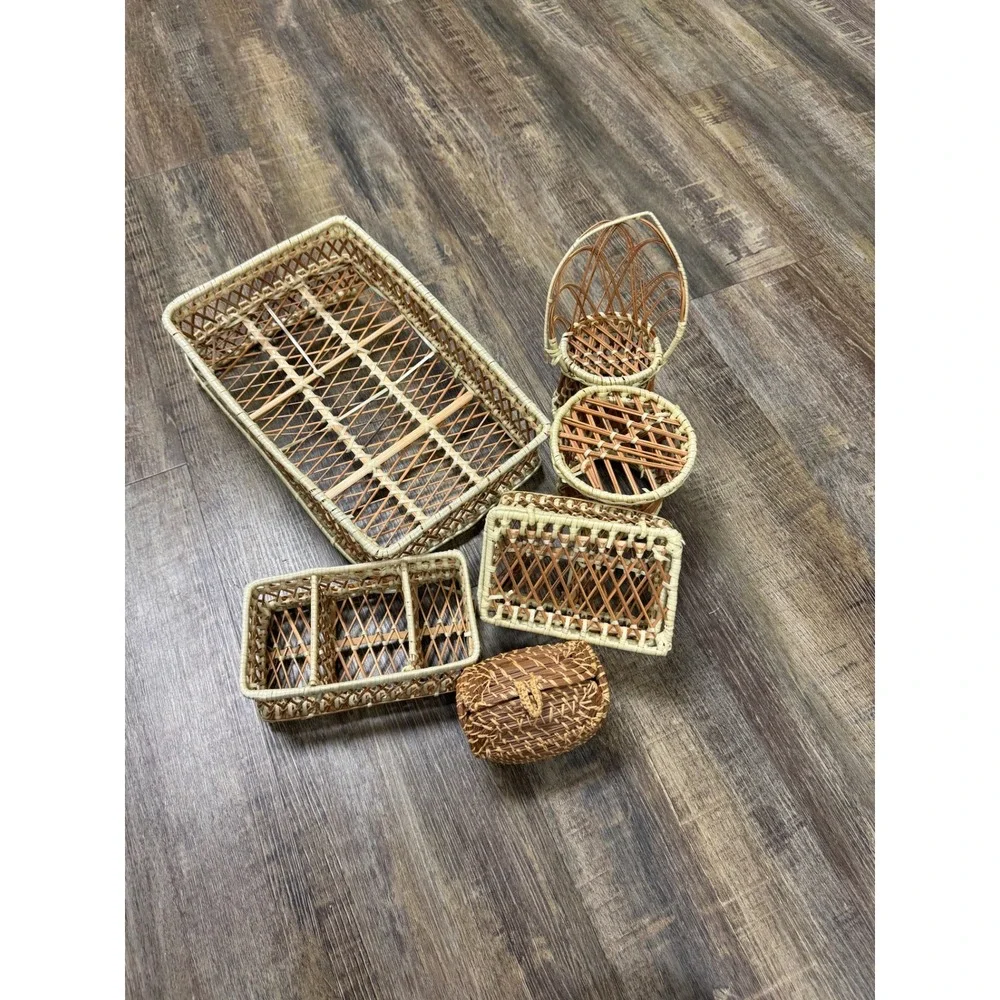 Vintage Wicker Rattan Miniature Furniture Basket Set 6pc Boho Peacock Chair Tray